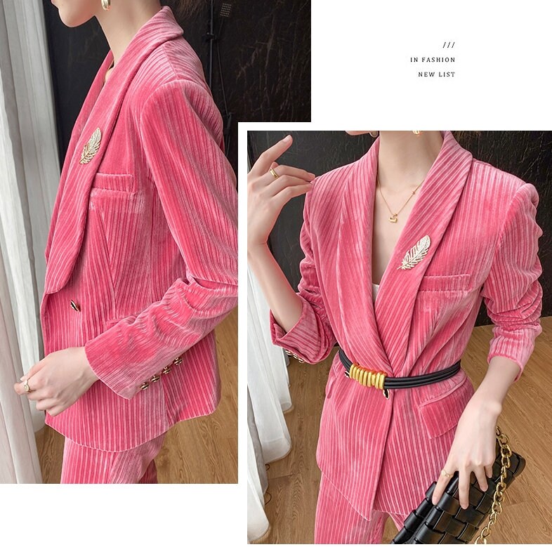 Pink Velvet Pantsuit, Designer Women Suit Jacket + Pants, Beford Cord Waistline for Smart Causal/ Formal/ Party Event/ Gift