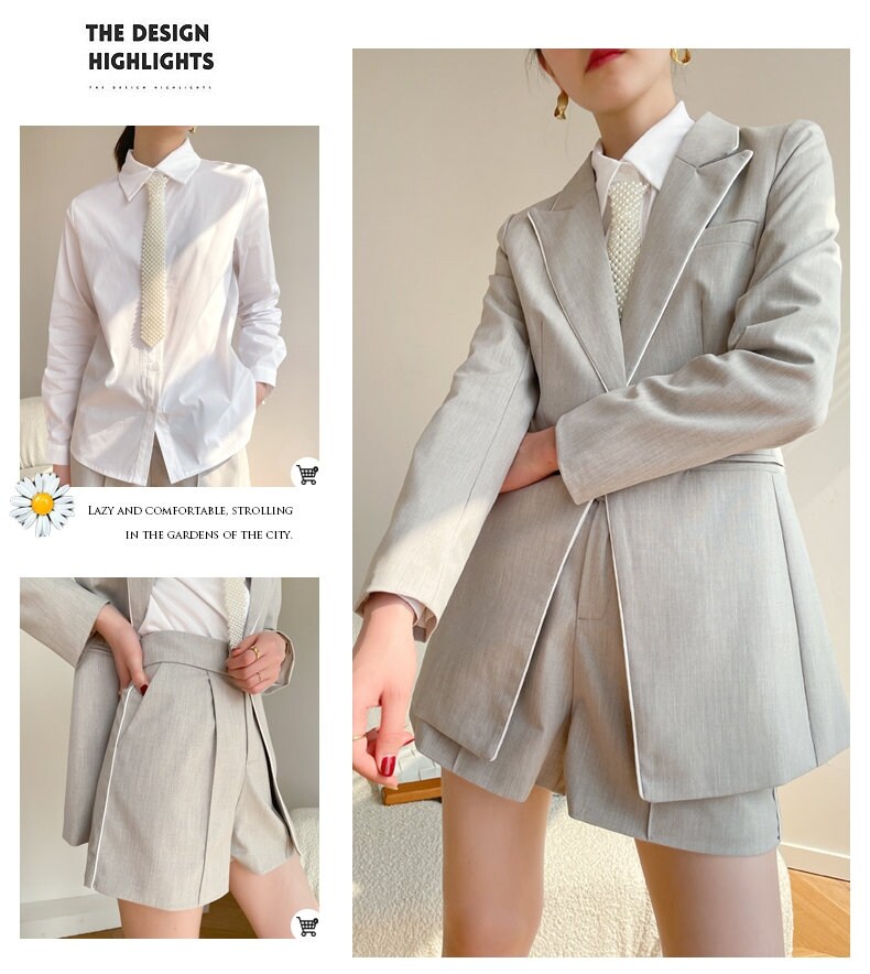 Light Gray Pantsuit, Women Designer Suit Jacket + Shorts + Blouse & Tie Minimalist Style for Smart Casual/ Formal/ Event Party/ Gift