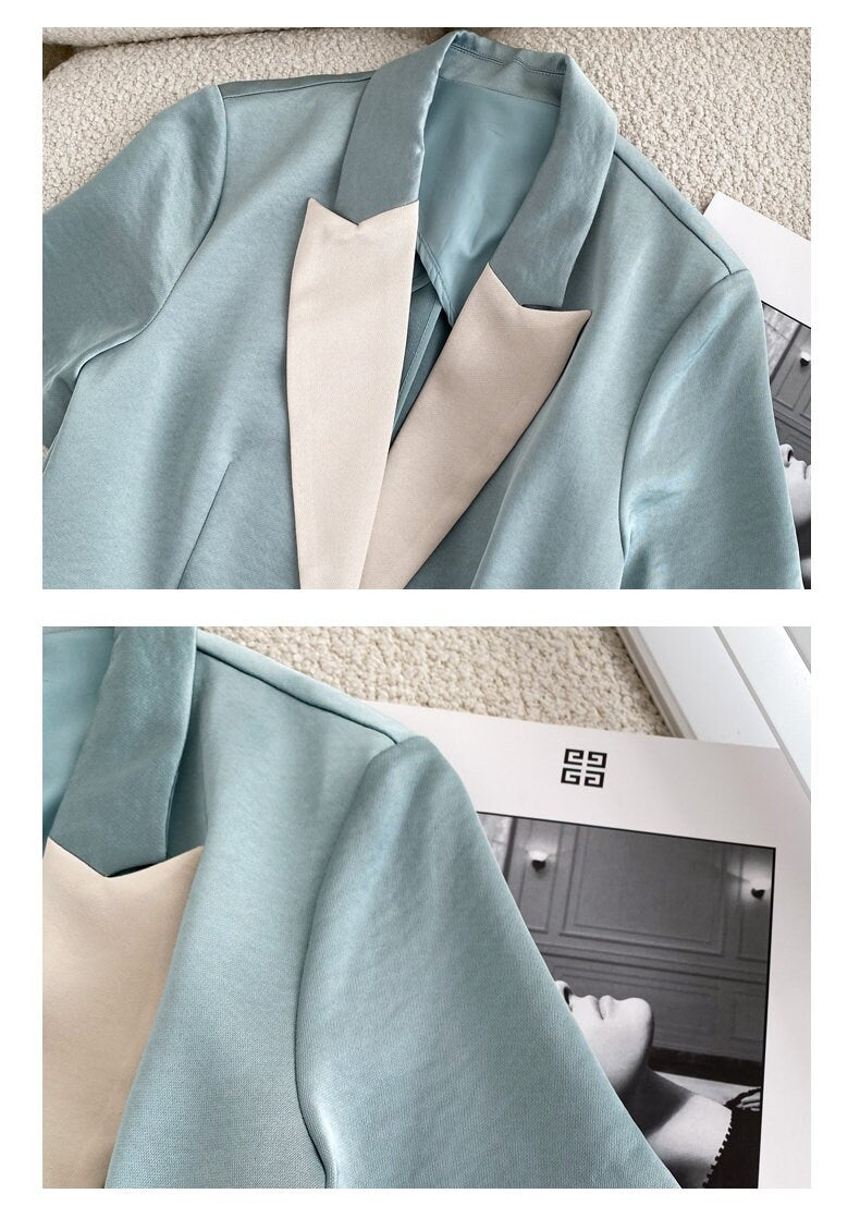 Light Blue Satin Pantsuit, Designer Women Suit Jacket + Pants Deluxe Shiny Surface for Smart Casual/ Formal/ Event Party/ Gift