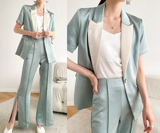 Light Blue Satin Pantsuit, Designer Women Suit Jacket + Pants Deluxe Shiny Surface for Smart Casual/ Formal/ Event Party/ Gift