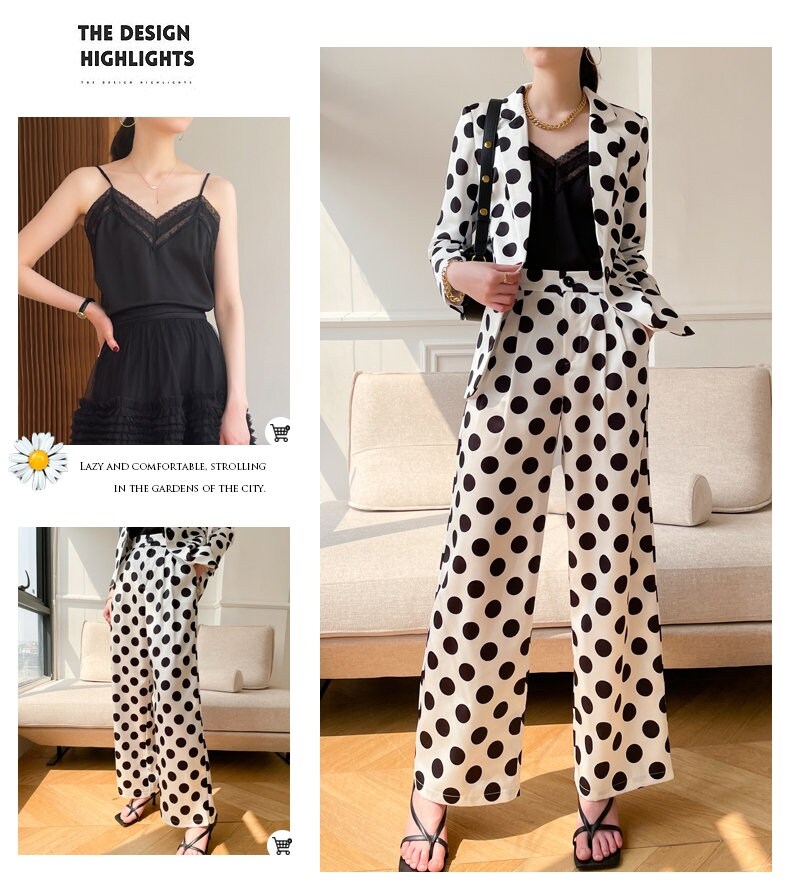 Dotted Stain Pantsuit, Designer Women Deluxe Silk Suit Jacket + Pants Set Minimalist Style for Smart Casual/ Formal/ Event Party/ Gift