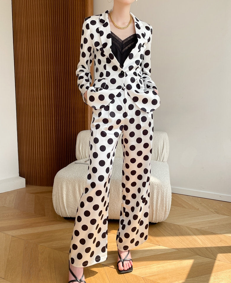 Dotted Stain Pantsuit, Designer Women Deluxe Silk Suit Jacket + Pants Set Minimalist Style for Smart Casual/ Formal/ Event Party/ Gift