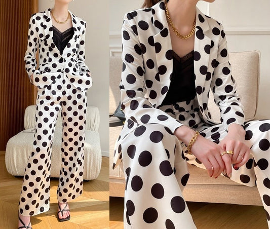 Dotted Stain Pantsuit, Designer Women Deluxe Silk Suit Jacket + Pants Set Minimalist Style for Smart Casual/ Formal/ Event Party/ Gift