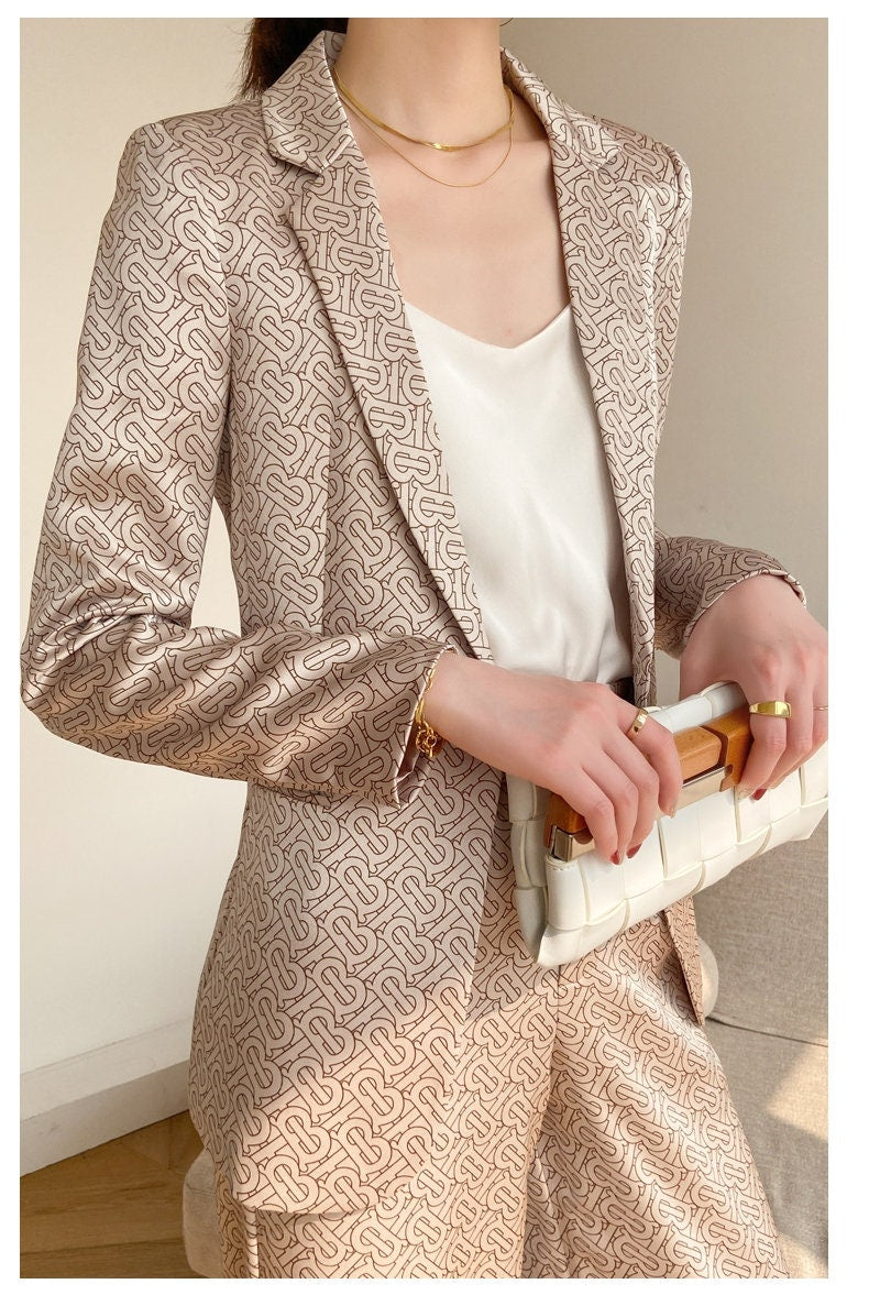 Champagne Colored Pantsuit, Designer Women Suit Jacket + Pants Typography Pattern for Smart Casual/ Formal/ Event Party/ Gift