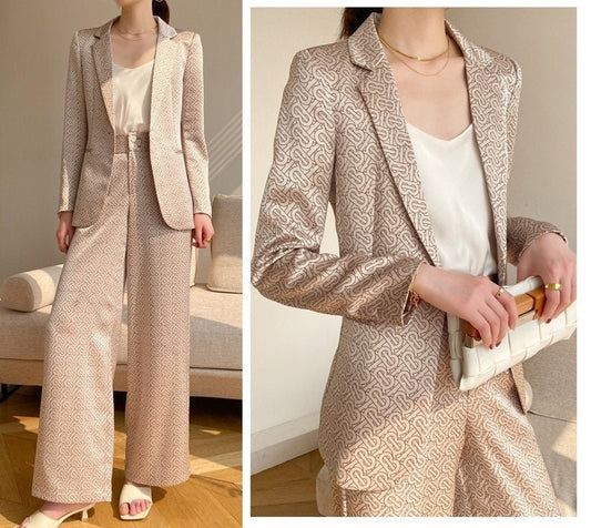 Champagne Colored Pantsuit, Designer Women Suit Jacket + Pants Typography Pattern for Smart Casual/ Formal/ Event Party/ Gift