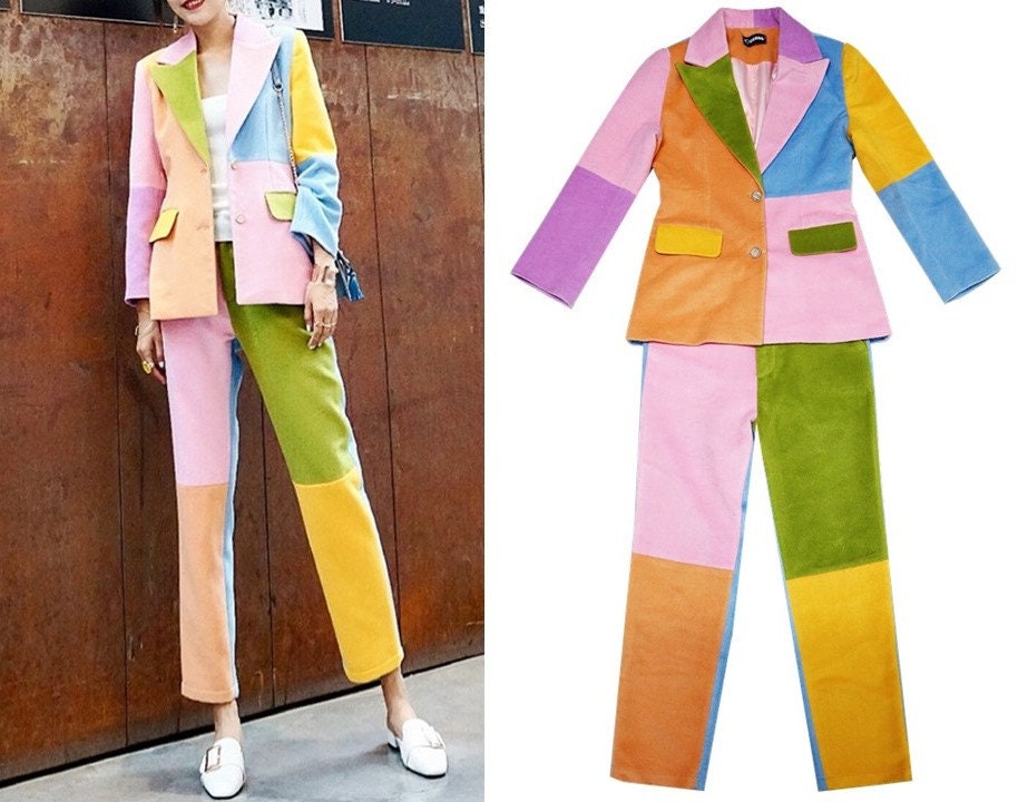 Patchwork Color Pantsuit, Designer Woman Suit Jacket + Pants Woolen Collage Art Vintage Style for Smart Casual/ Formal/ Event Party/ Gift