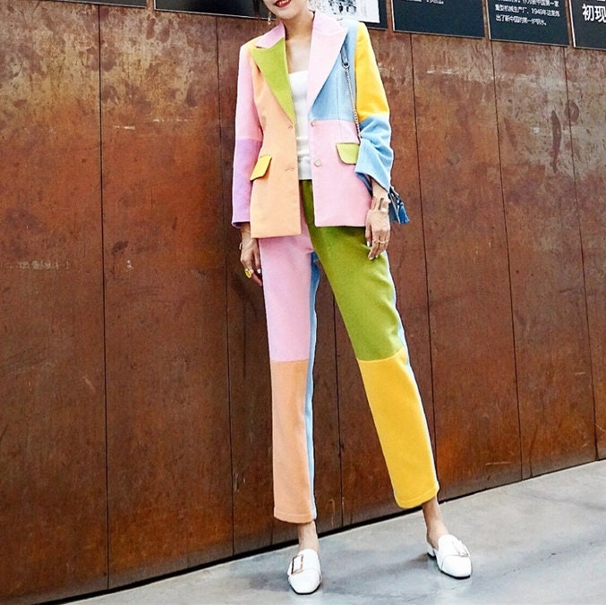 Patchwork Color Pantsuit, Designer Woman Suit Jacket + Pants Woolen Collage Art Vintage Style for Smart Casual/ Formal/ Event Party/ Gift