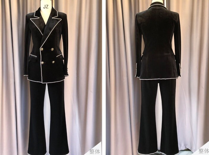 Black Velvet Pantsuit, Designer Women Suit Jacket + Pants Slim Cut Shiny Stones Decorated for Smart Casual/ Formal/ Event Party/ Gift