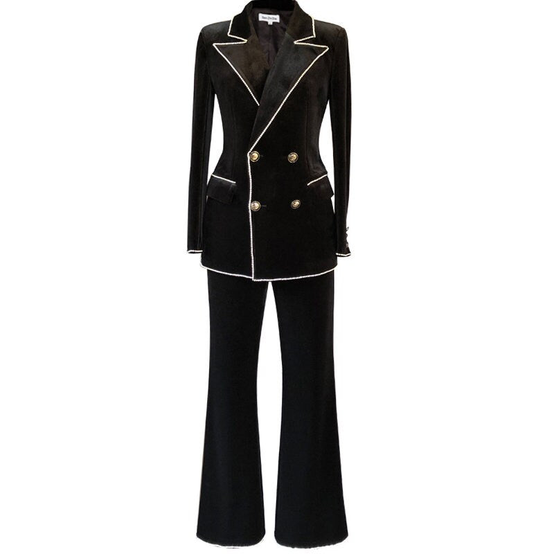 Black Velvet Pantsuit, Designer Women Suit Jacket + Pants Slim Cut Shiny Stones Decorated for Smart Casual/ Formal/ Event Party/ Gift