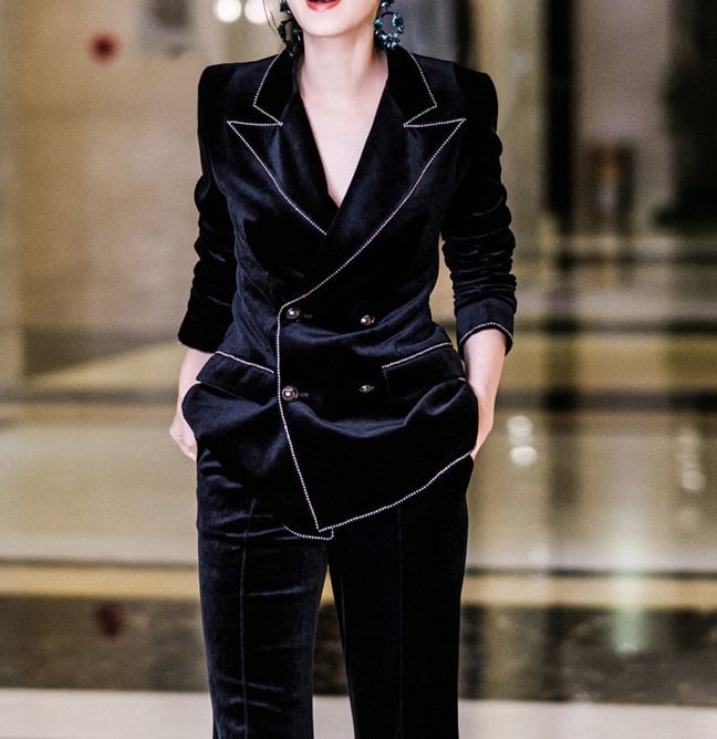 Black Velvet Pantsuit, Designer Women Suit Jacket + Pants Slim Cut Shiny Stones Decorated for Smart Casual/ Formal/ Event Party/ Gift