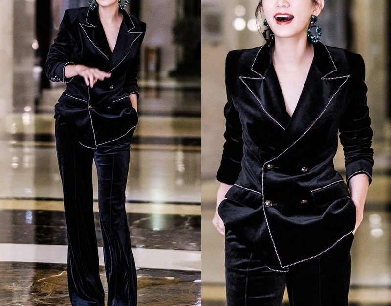 Black Velvet Pantsuit, Designer Women Suit Jacket + Pants Slim Cut Shiny Stones Decorated for Smart Casual/ Formal/ Event Party/ Gift