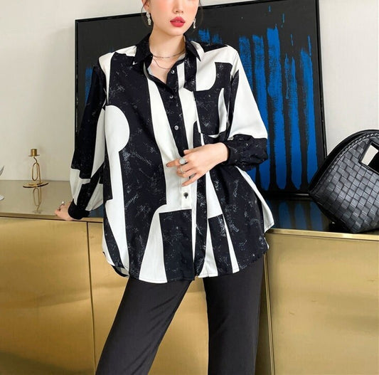 Patchwork Abstract Print Blouse, Designer Woman Button Collar Shirt Black White for Smart Casual/ Formal/ Art Event Party/ Gift