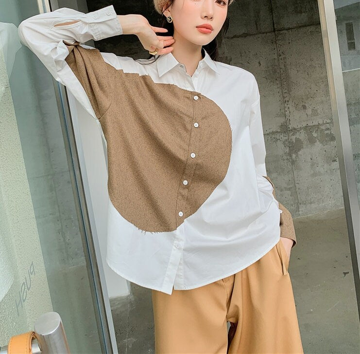 Geometric Rough Cut Blouse, Designer Woman Button Collar Art Shirt Minimalist Style for Smart Casual/ Formal/ Event Party/ Gift