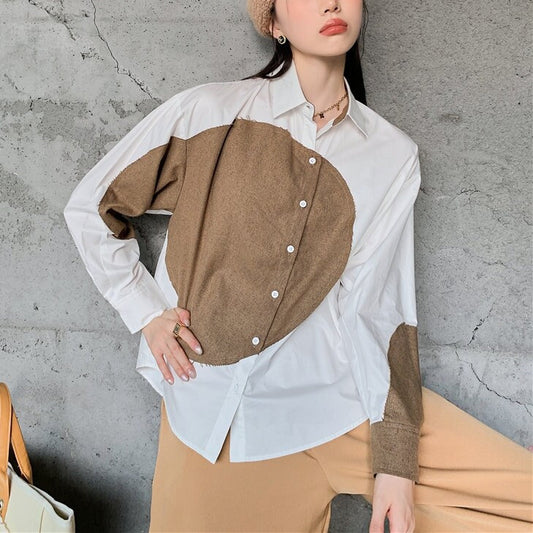 Geometric Rough Cut Blouse, Designer Woman Button Collar Art Shirt Minimalist Style for Smart Casual/ Formal/ Event Party/ Gift