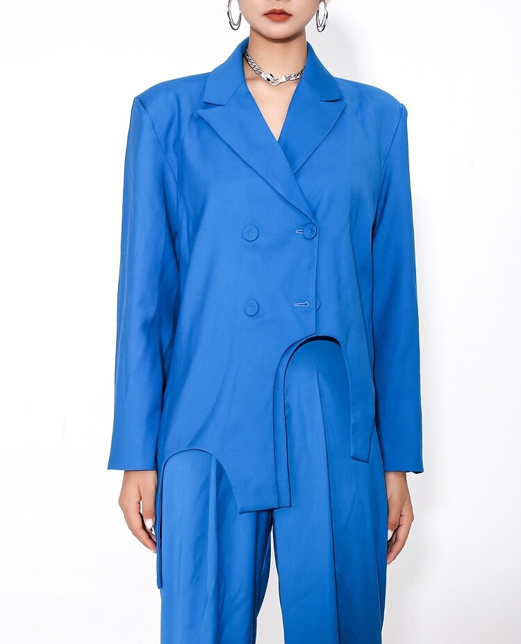 Irregular Blue Pantsuit, Designer Woman Stylish Modern Sharp Color Suit Jacket + Pants for Smart Casual/ Party Event/ Formal/ Gift