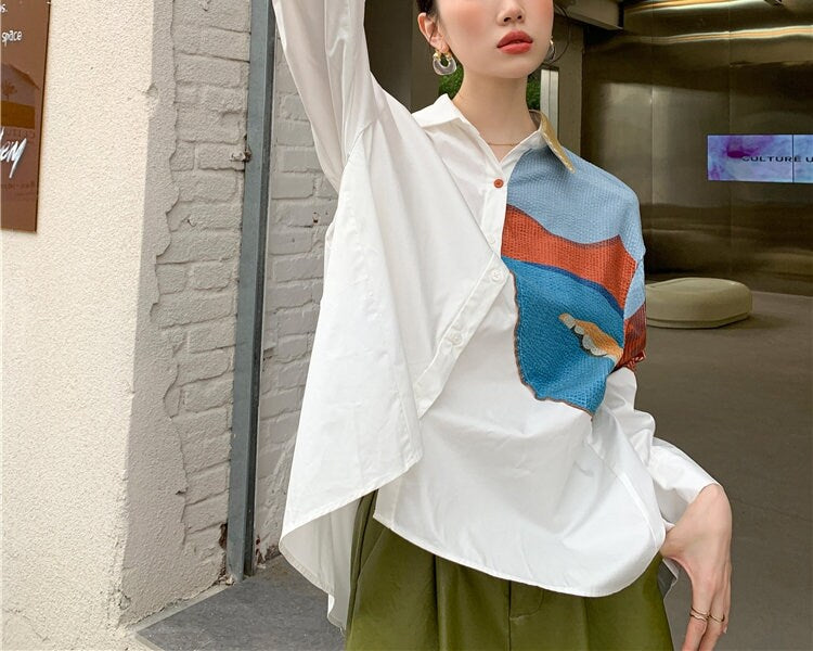 Patchwork Scenary Painting Art Blouse, Designer Woman Graphics Collage Art Shirt Minimalist for Smart Casual/ Formal/ Event Party/ Gift