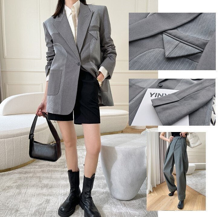 Gray Patchwork Pantsuit, Designer Woman Korean Minimalist Style Loose Fit Suit Jacket + Pants for Smart Casual/ Formal/ Event Party/ Gift