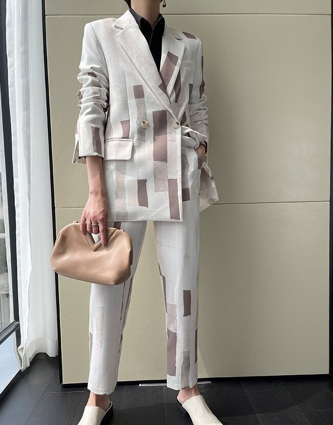 Brush Stroke Art Paint Paintsuit, Designer Woman Suit Jacket + Pants Set Modern Graphics Style for Smart Casual/ Formal/ Event Party/ Gift