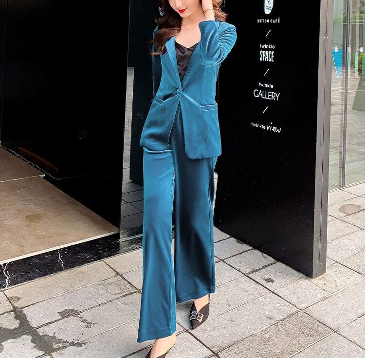 Shiny Blue Pantsuit, Designer Woman Suit Jacket + Pants Deluxe for Smart Casual/ Formal/ Party Event/ Gift