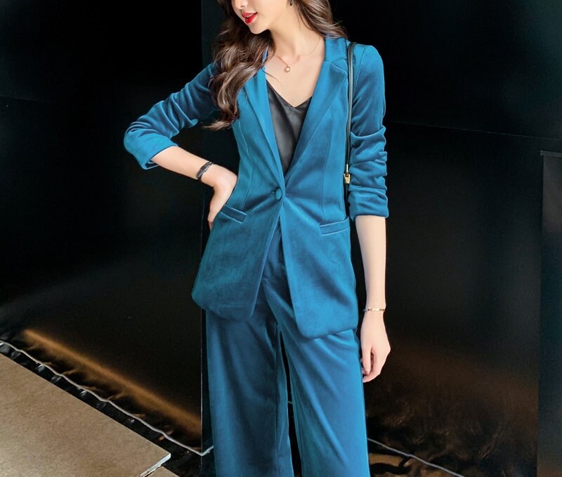 Shiny Blue Pantsuit, Designer Woman Suit Jacket + Pants Deluxe for Smart Casual/ Formal/ Party Event/ Gift