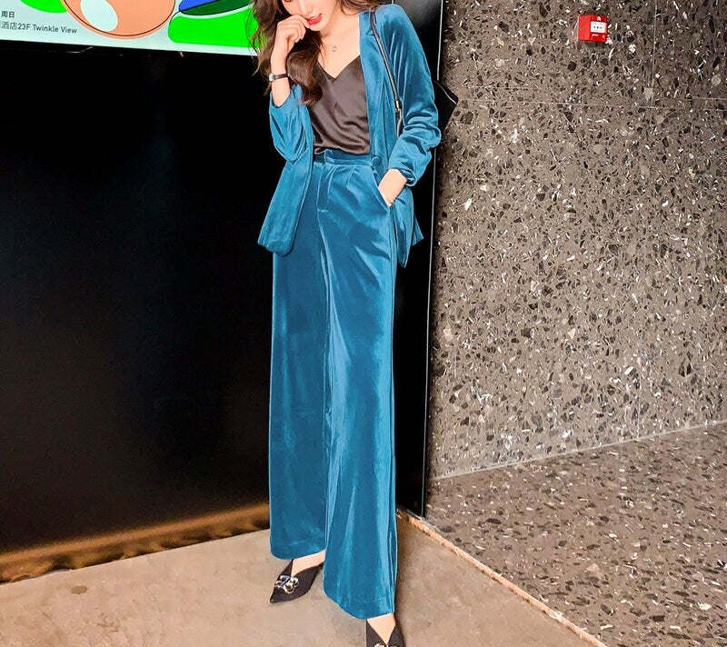 Shiny Blue Pantsuit, Designer Woman Suit Jacket + Pants Deluxe for Smart Casual/ Formal/ Party Event/ Gift