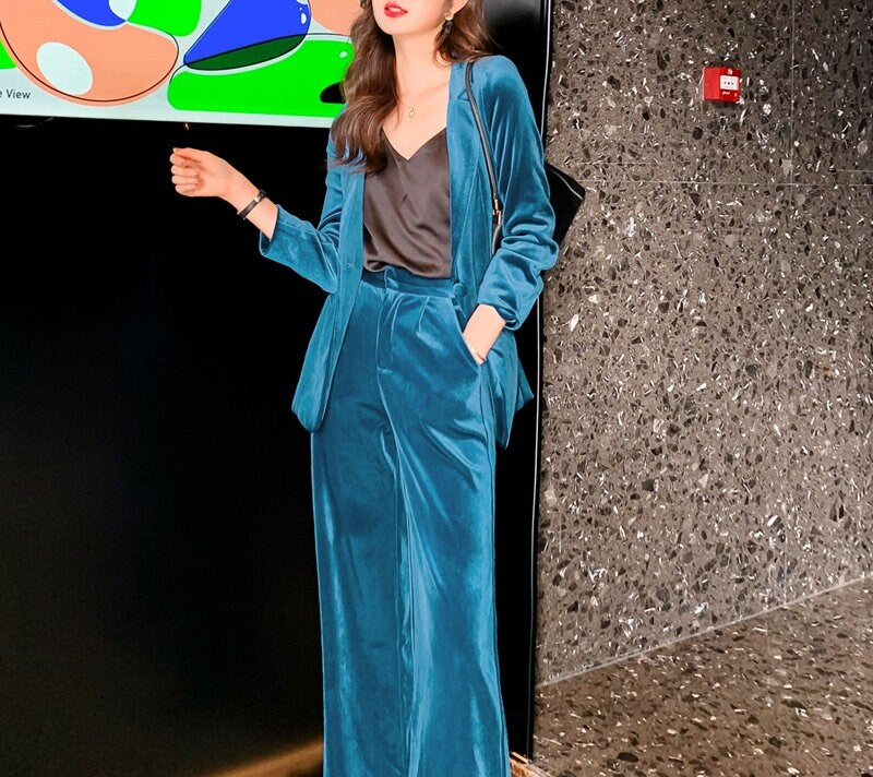 Shiny Blue Pantsuit, Designer Woman Suit Jacket + Pants Deluxe for Smart Casual/ Formal/ Party Event/ Gift