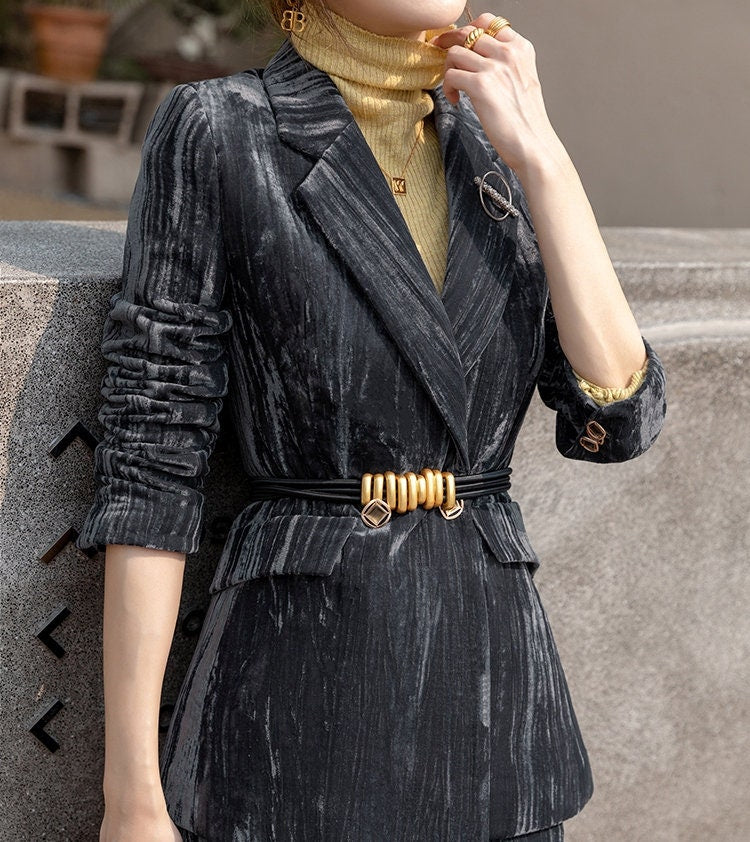 Gray Velvet Pantsuit, Designer Woman Suit Jacket + Pants Slim Cut Deluxe for Smart Casual/ Formal/ Party Event/ Gift