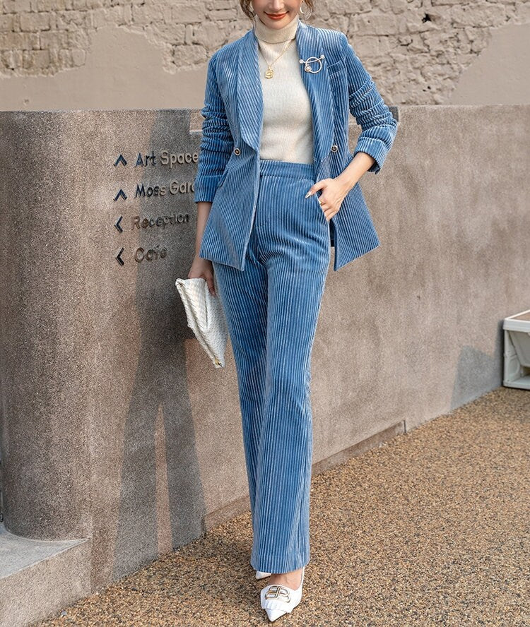 Light Blue Corduroy Pantsuit, Designer Woman Suit Jacket + Pants Slim Cut Deluxe for Smart Casual/ Formal/ Party Event/ Gift