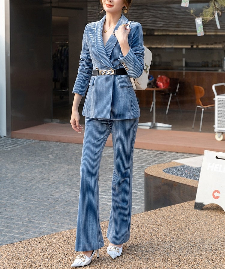 Light Blue Corduroy Pantsuit, Designer Woman Suit Jacket + Pants Slim Cut Deluxe for Smart Casual/ Formal/ Party Event/ Gift