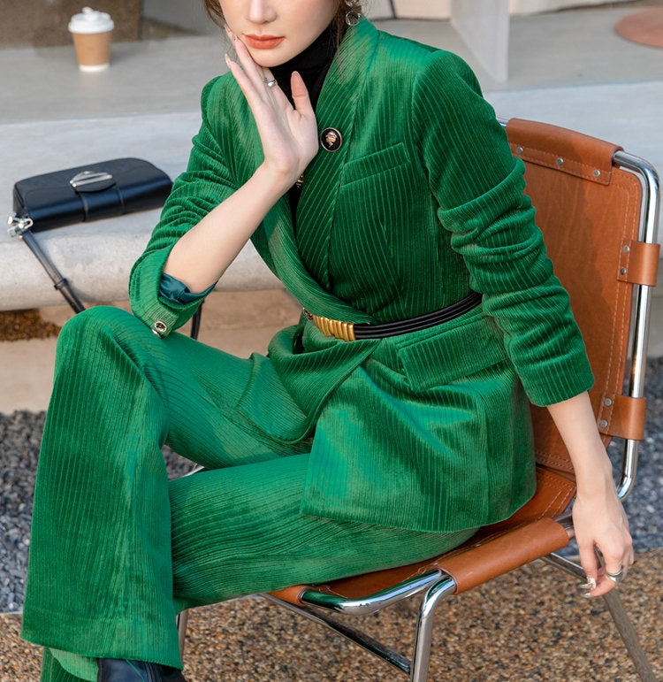 Sharp Green Velvet Pantsuit, Designer Woman Suit Jacket + Pants Slim Cut Deluxe for Smart Casual/ Formal/ Party Event/ Gift