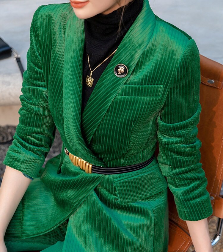 Sharp Green Velvet Pantsuit, Designer Woman Suit Jacket + Pants Slim Cut Deluxe for Smart Casual/ Formal/ Party Event/ Gift