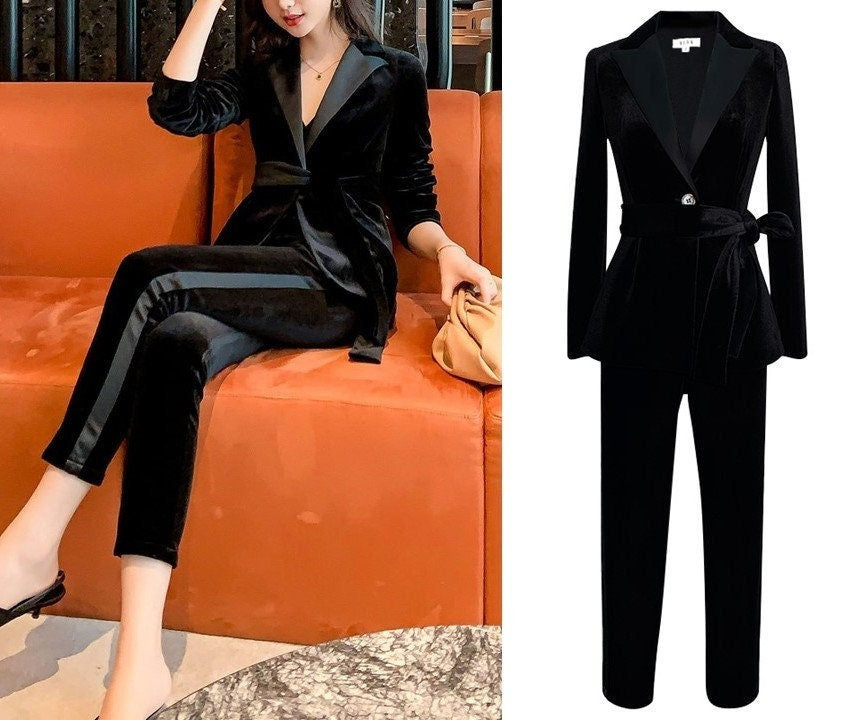 Black Velvet Pantsuit, Designer Woman Suit Jacket + Pants Slim Cut Deluxe for Smart Casual/ Formal/ Party Event/ Gift