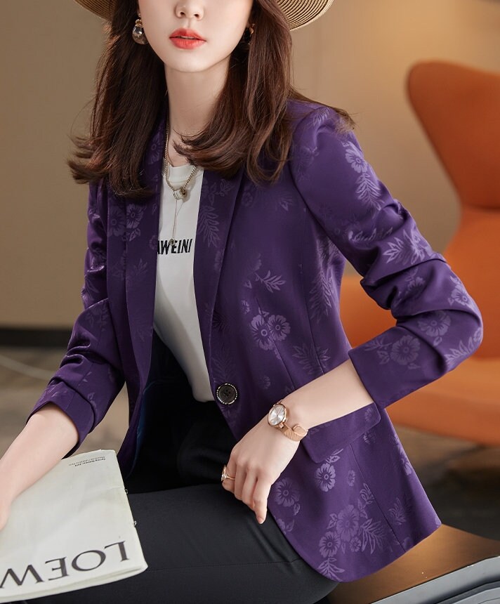 Red/ Black/ Purple Subtle Floral Pattern Blazer, Designer Woman Graphics Suit Jacket for Smart Casual/ Formal/ Event Party/ Gift