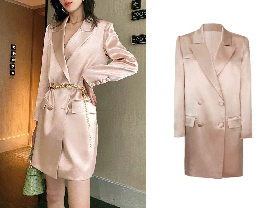 Pink Satin Long Blazer, Designer Woman Suit Jacket Loose Fit Deluxe Mimimalist for Smart Casual/ Formal/ Event Party/ Gift for her