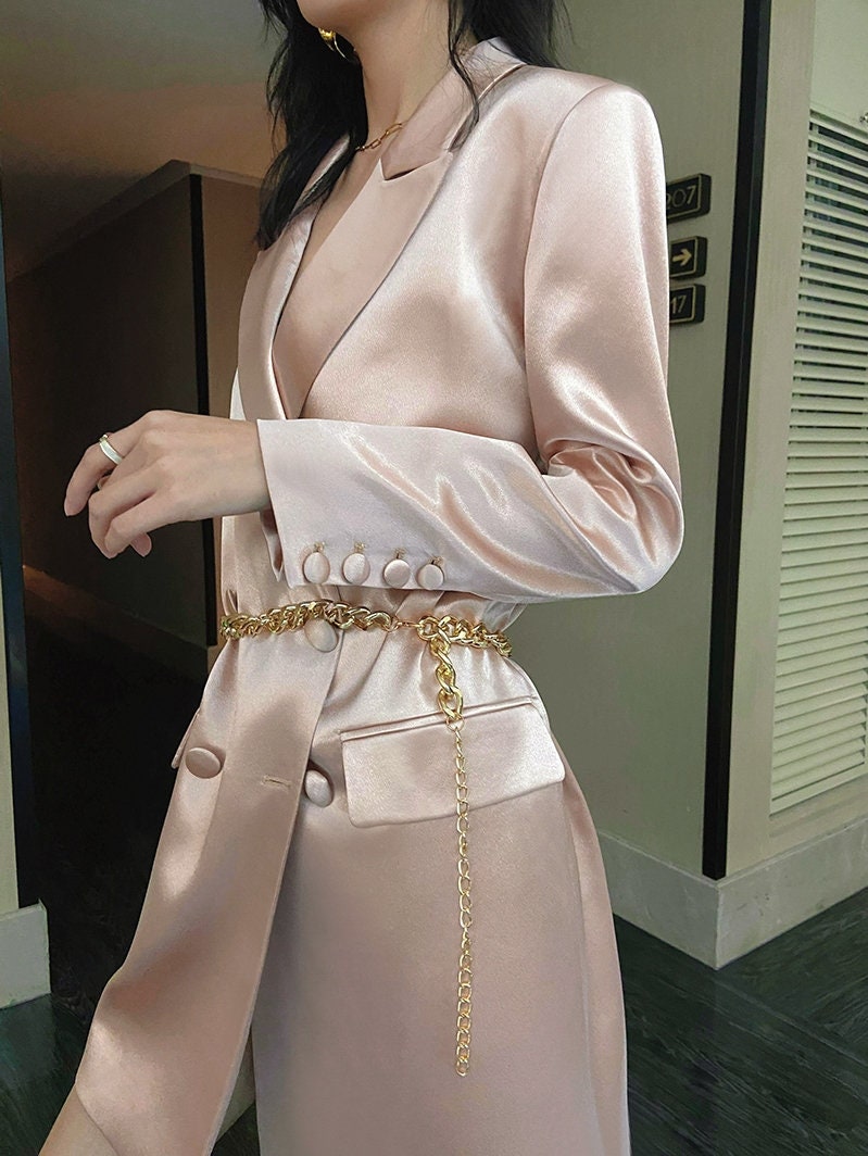 Pink Satin Long Blazer, Designer Woman Suit Jacket Loose Fit Deluxe Mimimalist for Smart Casual/ Formal/ Event Party/ Gift for her