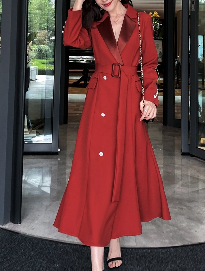 Red Deluxe Trench Coat, Designer Woman Long Overcoat for Smart Casual/ Party Event/ All Seasons/ Gift for her