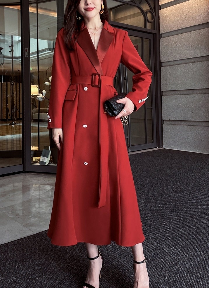 Red Deluxe Trench Coat, Designer Woman Long Overcoat for Smart Casual/ Party Event/ All Seasons/ Gift for her