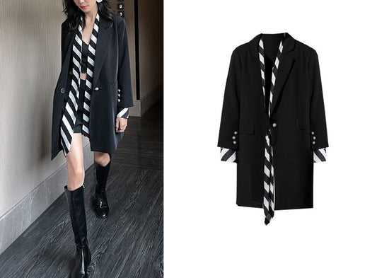 Loose Fit Black Long Blazer, Designer Woman Suit Jacket Striped Scarf Collar for Smart Casual/ Formal/ Event Party/ Gift for her