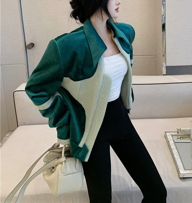 Green Chic Jacket, Designer Woman Patchwork Jacket Geometric Street Style for Smart Causal/ Party Event/ Gift for her