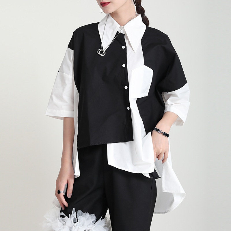 Black & White Asymmetric Art Blouse, Designer Woman Collared Button Shirt Irregular Modern Patchwork Style Smart Casual/ Event Party/ Gift