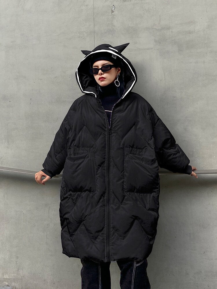 Black/ White Quilted Padded Coat, Designer Woman Winter Jacket with Hood Street Style Smart Casual/ Outdoors/ Gift