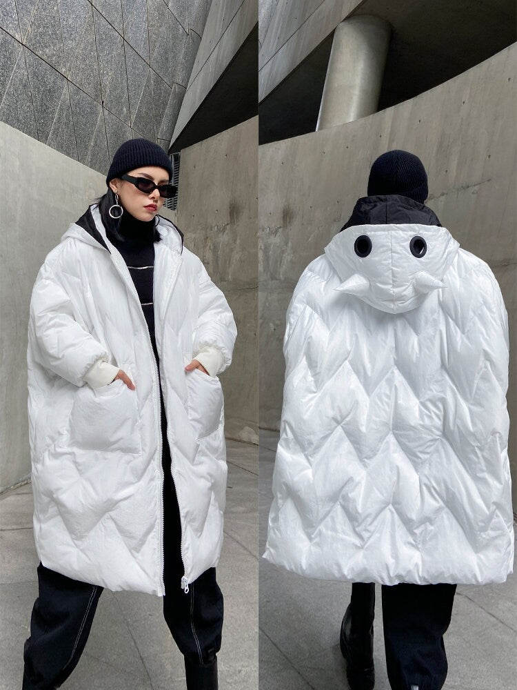 Black/ White Quilted Padded Coat, Designer Woman Winter Jacket with Hood Street Style Smart Casual/ Outdoors/ Gift