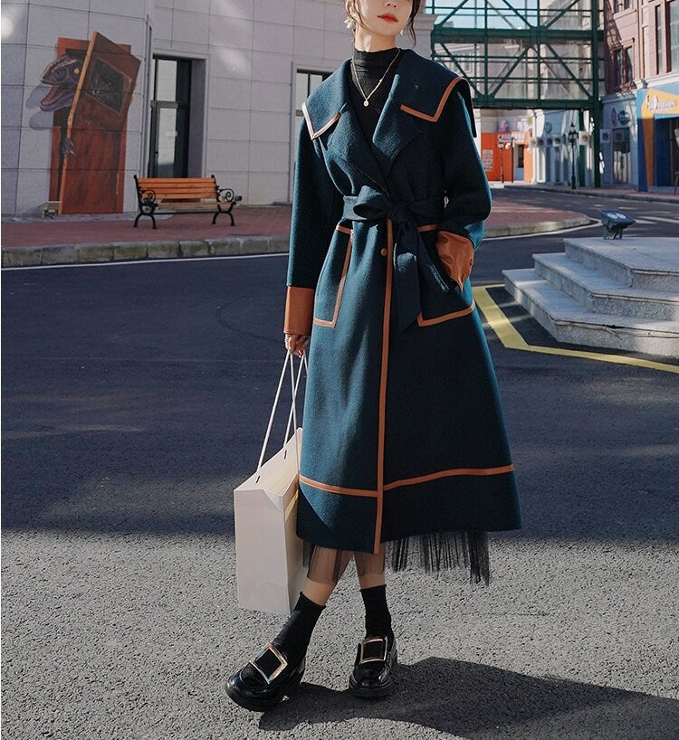 Navy Contrast Color Designer Trench Coat, Woman Dark Green Raincoat in Layered Strapes Korean Style for Casual/ Formal/ Outdoors/ Gift