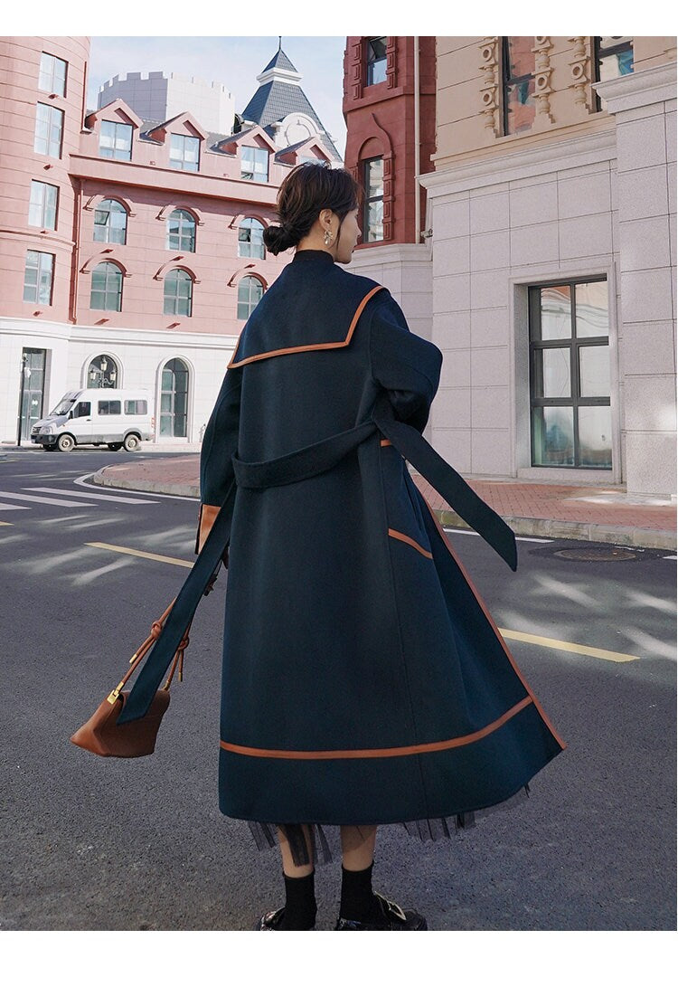 Navy Contrast Color Designer Trench Coat, Woman Dark Green Raincoat in Layered Strapes Korean Style for Casual/ Formal/ Outdoors/ Gift