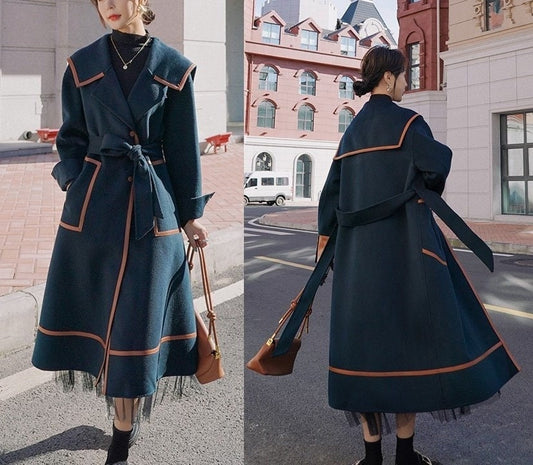 Navy Contrast Color Designer Trench Coat, Woman Dark Green Raincoat in Layered Strapes Korean Style for Casual/ Formal/ Outdoors/ Gift