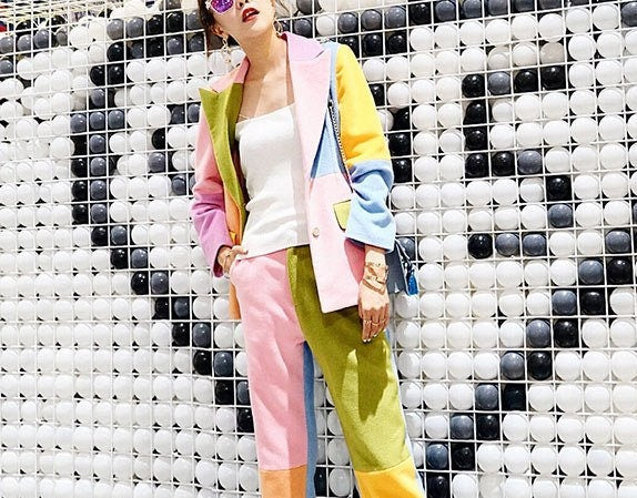 Patchwork Color Pantsuit, Designer Woman Suit Jacket + Pants Woolen Collage Art Vintage Style for Smart Casual/ Formal/ Event Party/ Gift