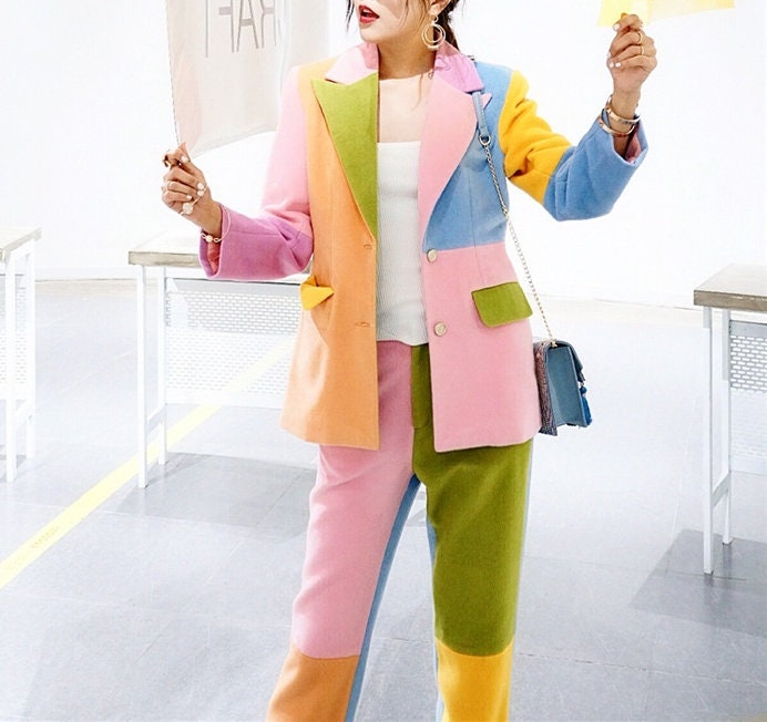 Patchwork Color Pantsuit, Designer Woman Suit Jacket + Pants Woolen Collage Art Vintage Style for Smart Casual/ Formal/ Event Party/ Gift