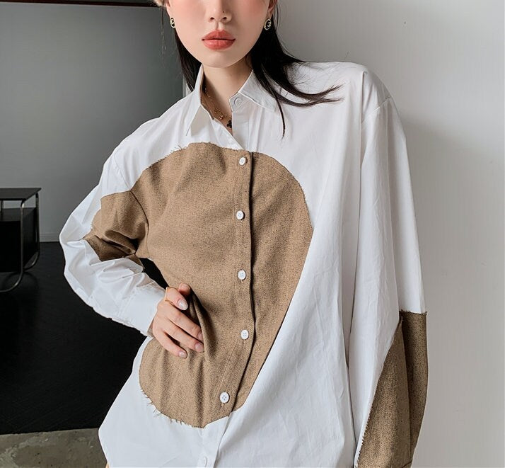 Geometric Rough Cut Blouse, Designer Woman Button Collar Art Shirt Minimalist Style for Smart Casual/ Formal/ Event Party/ Gift