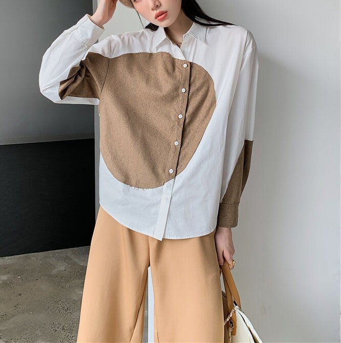 Geometric Rough Cut Blouse, Designer Woman Button Collar Art Shirt Minimalist Style for Smart Casual/ Formal/ Event Party/ Gift