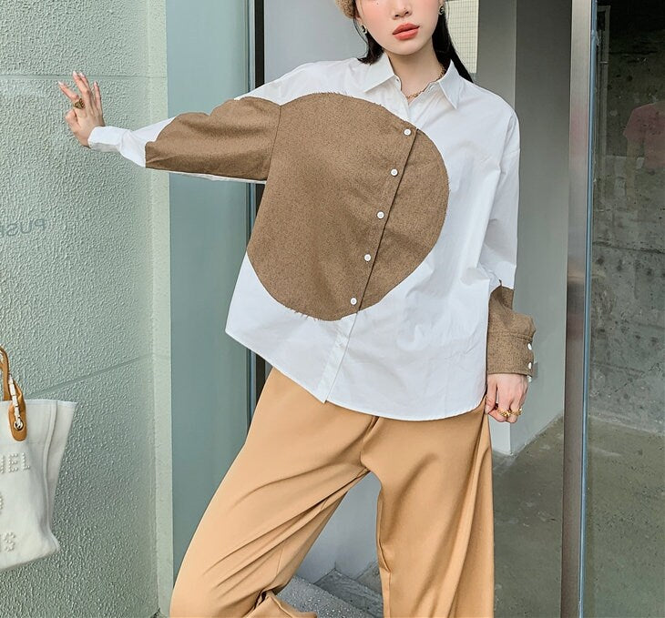 Geometric Rough Cut Blouse, Designer Woman Button Collar Art Shirt Minimalist Style for Smart Casual/ Formal/ Event Party/ Gift